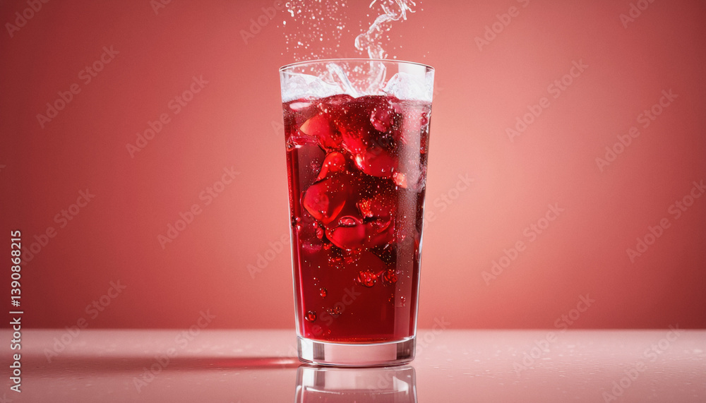 Poster vivid design food and beverage advertisement: a glass of red beverage with ice cubes splashes agains