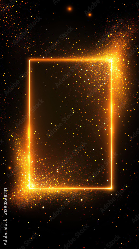 Poster golden frame with shining effect: a glowing rectangle with glitter particles dances in a dark space 