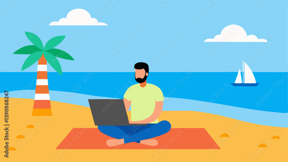 Poster beach setup a digital nomad sitting on a colorful beach towel with a laptop palm trees swaying in th