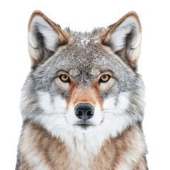 Fototapeta premium Wild wolf face shot against a plain white backdrop showcasing its fierce gaze and striking features Generative AI
