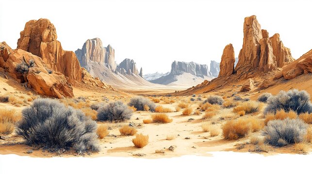 Dry desert with rocky formations and scrub plants isolated on a white background to highlight the barrenness of the environment