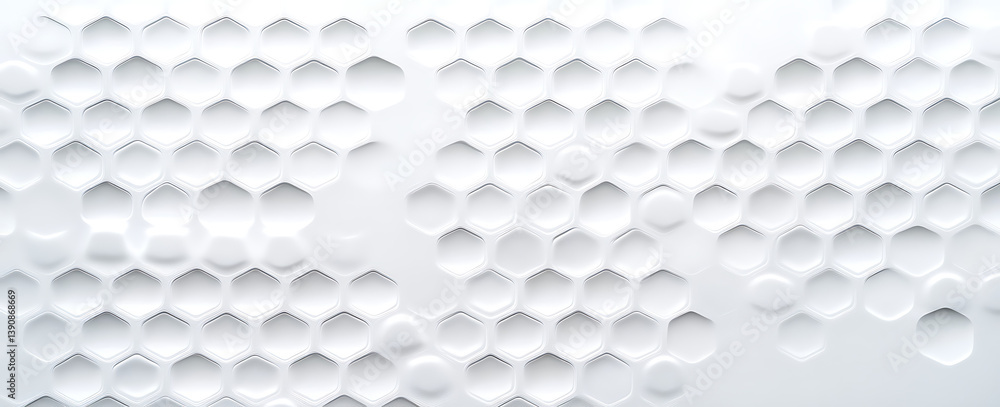 Poster white background with hexagonal patterns, white color, light and shadow effects, minimalist style, v