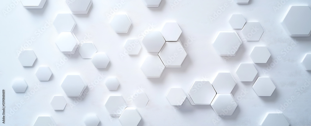 Poster white background with hexagonal patterns, white color, light and shadow effects, minimalist style, v