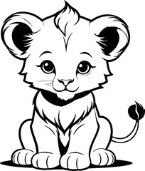A black and white vector illustration of a playful lion