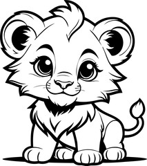 A black and white vector illustration of a playful lion