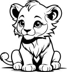 A black and white vector illustration of a playful lion