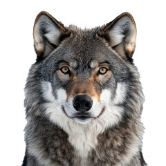 Obraz premium Wolf face shot against clean, white background showcasing detailed fur and piercing gaze Generative AI