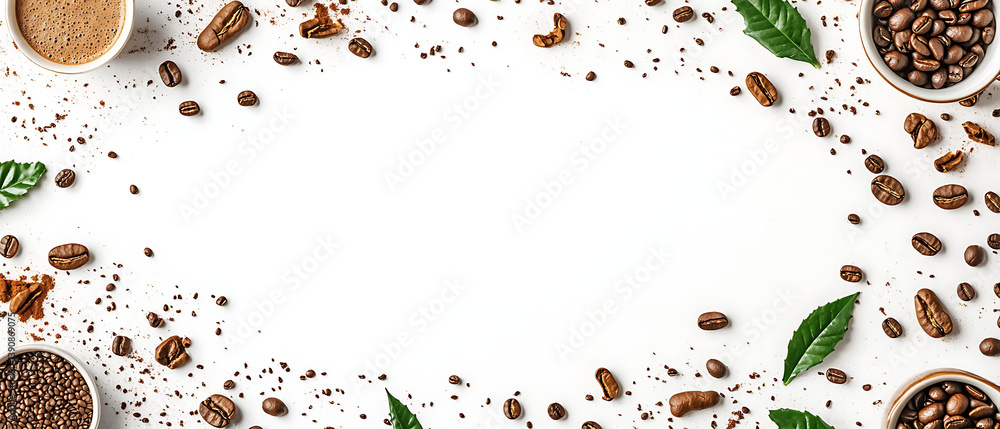 Poster white background with coffee beans and a cup of hot espresso, top view. banner for web design or pri