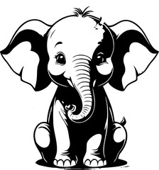 A black and white vector illustration of a cute baby elephant,