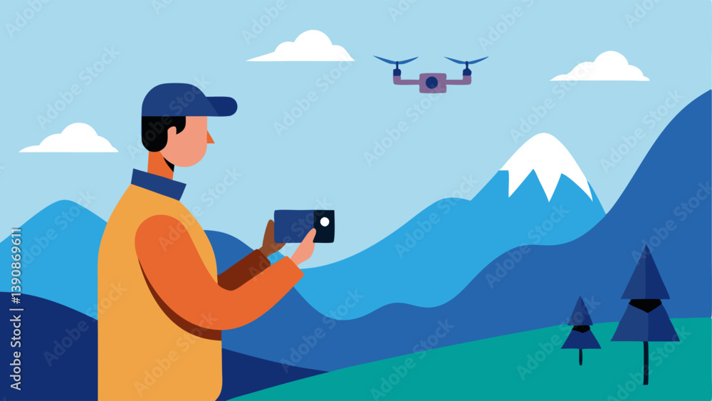 Poster aerial photography operator a silhouette of an operator in a field holding a remote control while wa