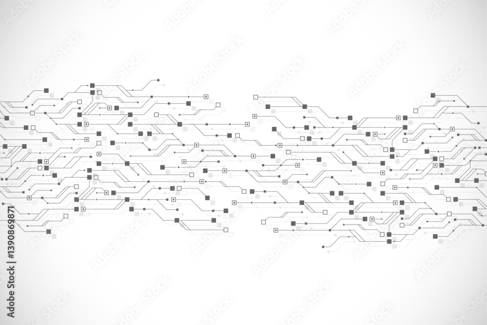 Fototapete Artificial Intelligence or machine learning vector design. Quantum computer technology concept with circuit board and motherboard texture background design. Waves flow quantum explosion
