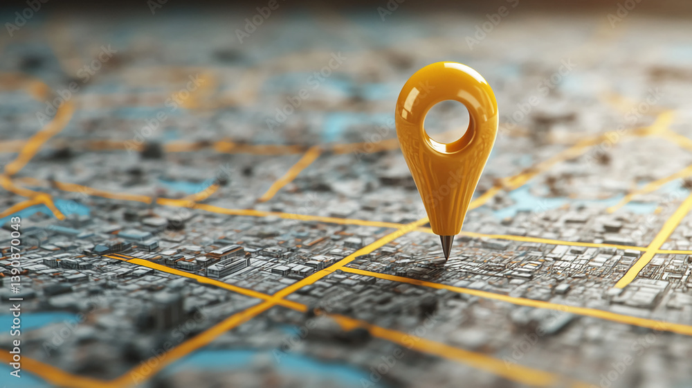 Poster yellow location pin on map gps navigation travel destination search find route direction guide city 
