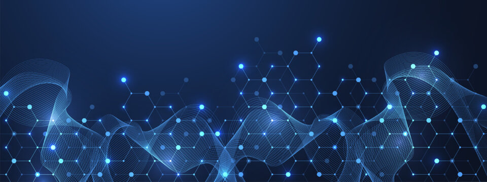 Molecular abstract structure and genetic engineering DNA. Healthcare and medicine background concept. Scientific research background. Wave flow. Innovation pattern. Vector illustration.