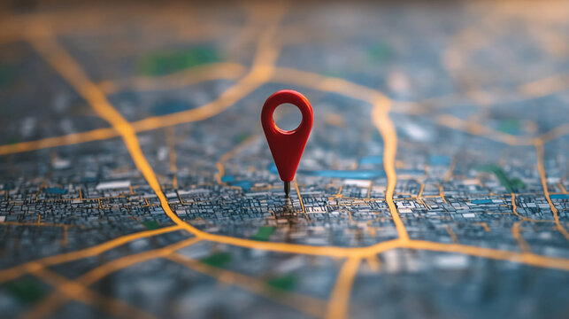 Red pin location on map destination gps navigation travel route cartography pinpointing position spot mark area