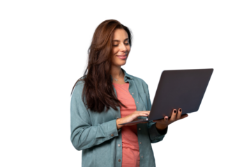 Cheerful woman working on laptop, white transparent backdrop