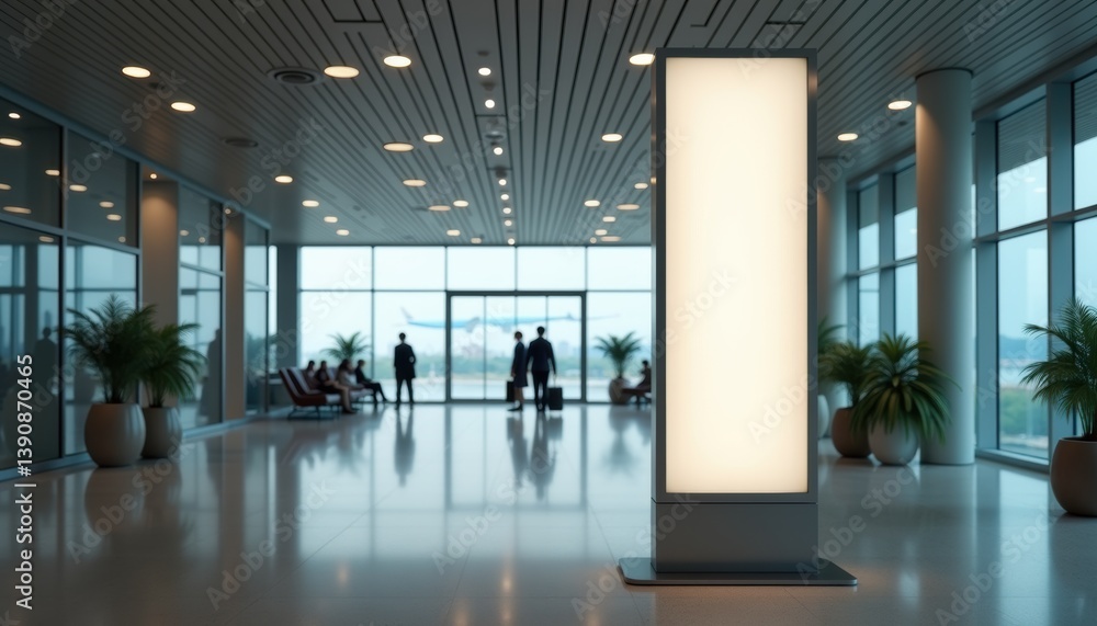Poster modern lobby with illuminated sign and people in motion