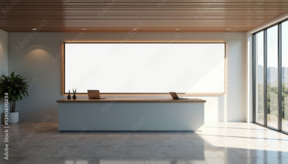 Poster modern office reception area with large windows and greenery