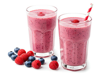 Two glasses of berry smoothie with raspberries and blueberries 
