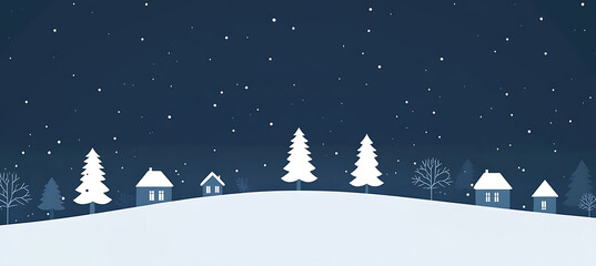 White Christmas trees and houses on a dark blue background, a flat vector illustration of a white Christmas tree silhouette pattern with snow falling on the sky in a simple style. 