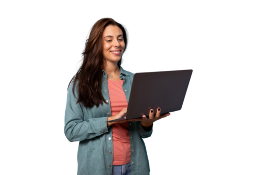 Female professional working on laptop, transparent backdrop - Powered by Adobe