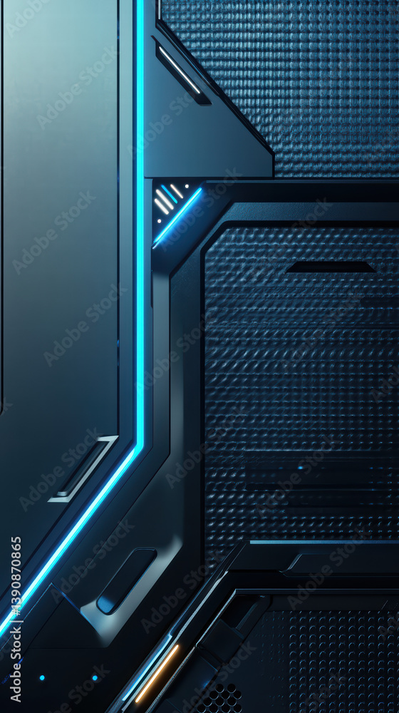 Poster technological abstraction: futuristic panels and glowing blue lights converge in a mesmerizing displ