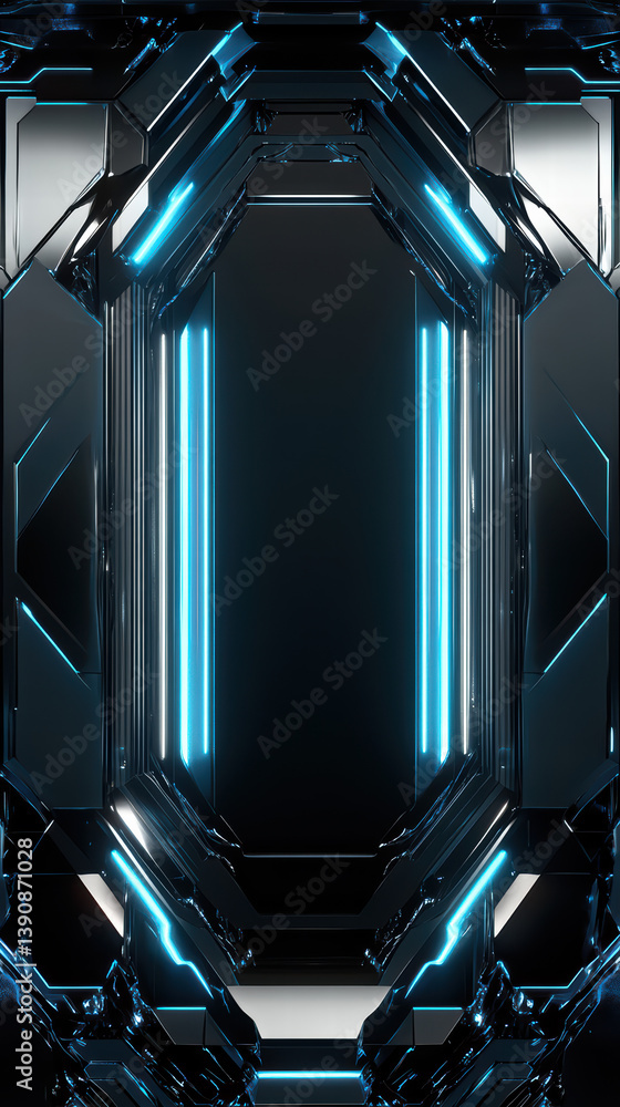 Poster futuristic tech portal: a sleek, futuristic portal design with blue neon lights creating a sense of 