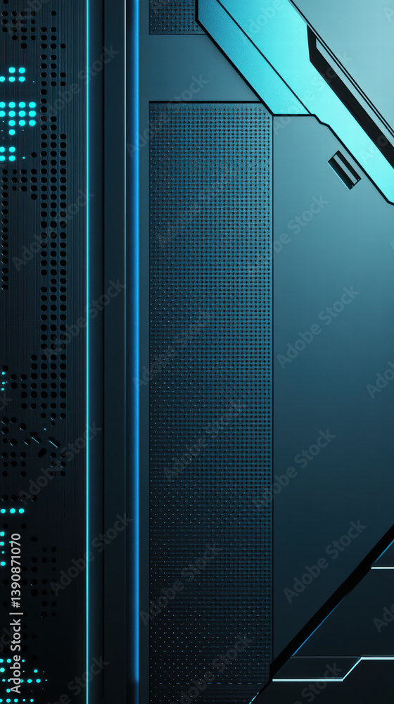 Poster tech abstract: dark teal and black metallic surface with glowing cyan lines, creating a futuristic a
