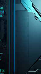 Tech Abstract: Dark teal and black metallic surface with glowing cyan lines, creating a futuristic and technological abstract background.