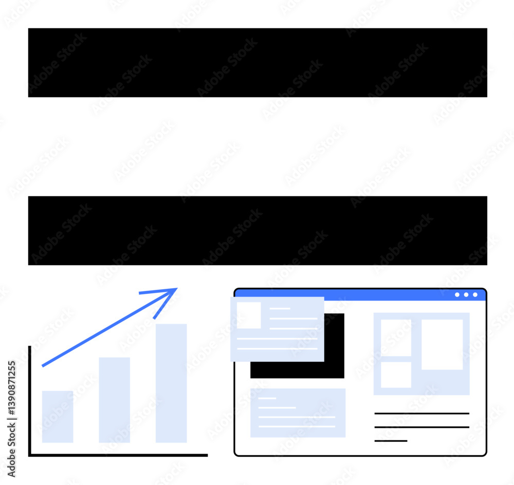 Poster bar chart with upward trend beside webpage mockup design with content blocks. ideal for business gro