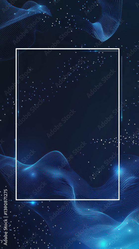 Poster abstract blue nebula with frame: an ethereal image of a deep blue nebula with shimmering lights and 