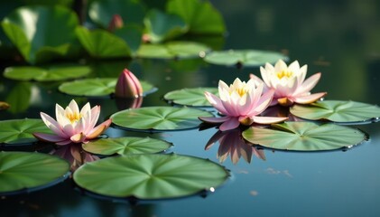 Water lilies forming a natural floral pattern across a still lake, background, still, organic