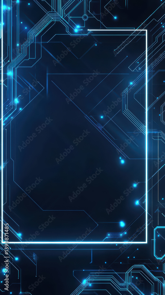 Poster digital matrix frame: an intricate, glowing circuit board with a futuristic neon frame, symbolizing 