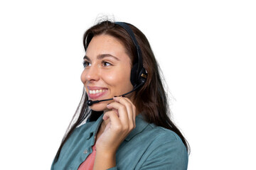 Friendly female call center agent wearing headset, providing customer support and answering...
