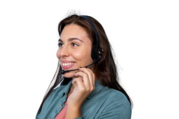 Friendly female call center agent wearing headset, providing customer support and answering questions
