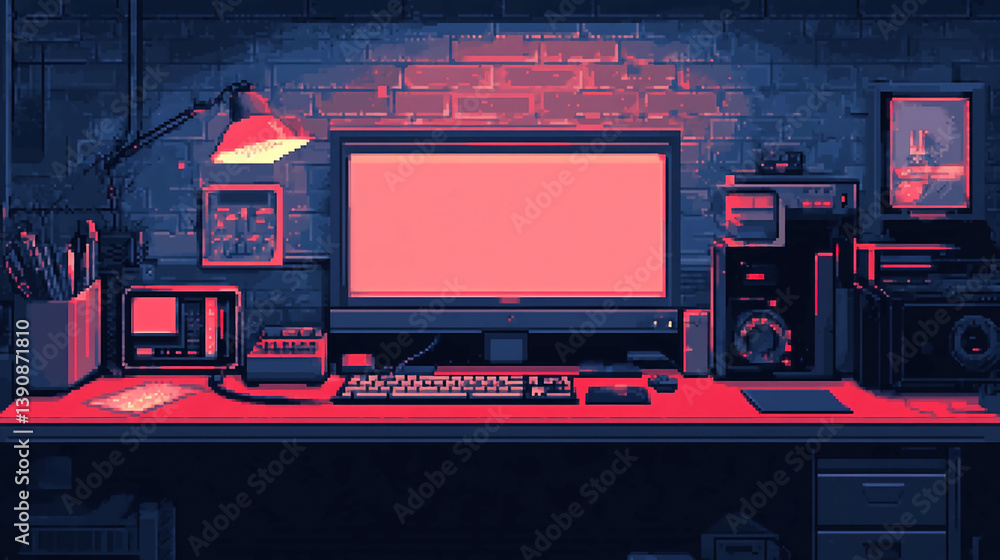 Poster pixel art workspace setup with computer desk and brick wall background for retro gaming aesthetic de