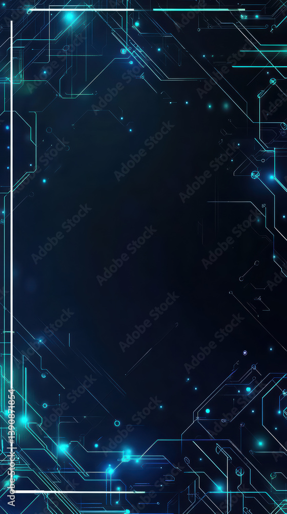 Poster abstract technology background: glowing teal circuit lines form a vibrant frame against a deep blue 