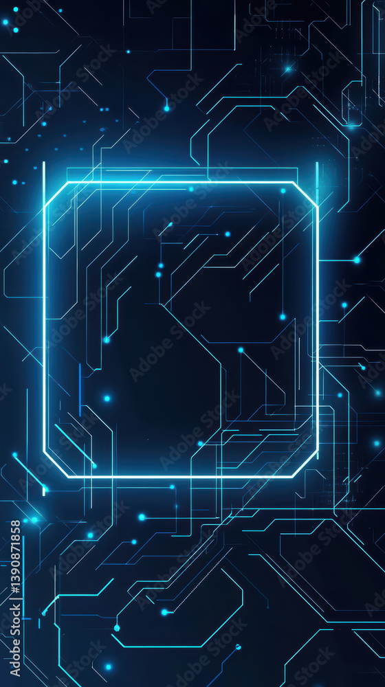 Poster digital abstract: a vibrant blue square, accentuated by neon lines, radiates with energy. intersecti