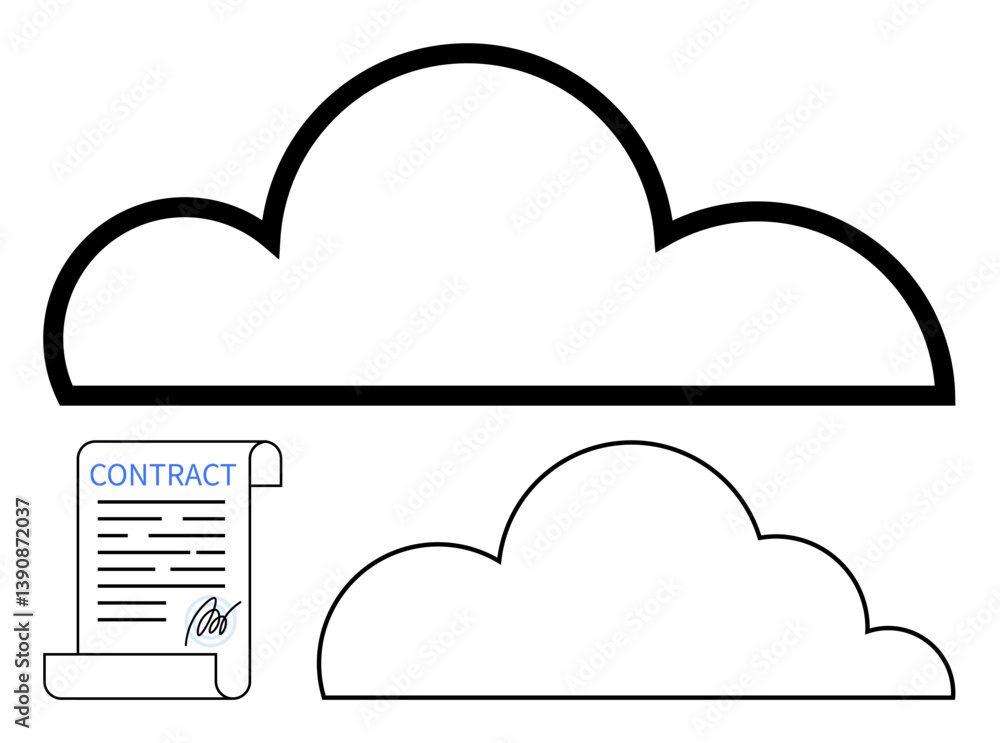 Poster outlined cloud shapes and a signed contract with flat lines. ideal for themes thumbs up data storage