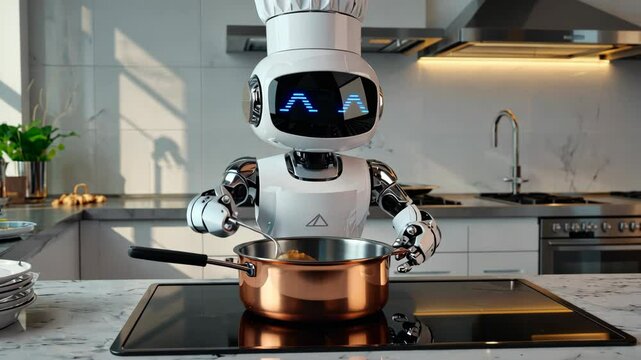 A cute humanoid robot dressed as a chef stands in a modern kitchen, holding a pot on the stove, preparing to cook dish. The scene combines advanced robotics with home cooking and smart kitchen tech.