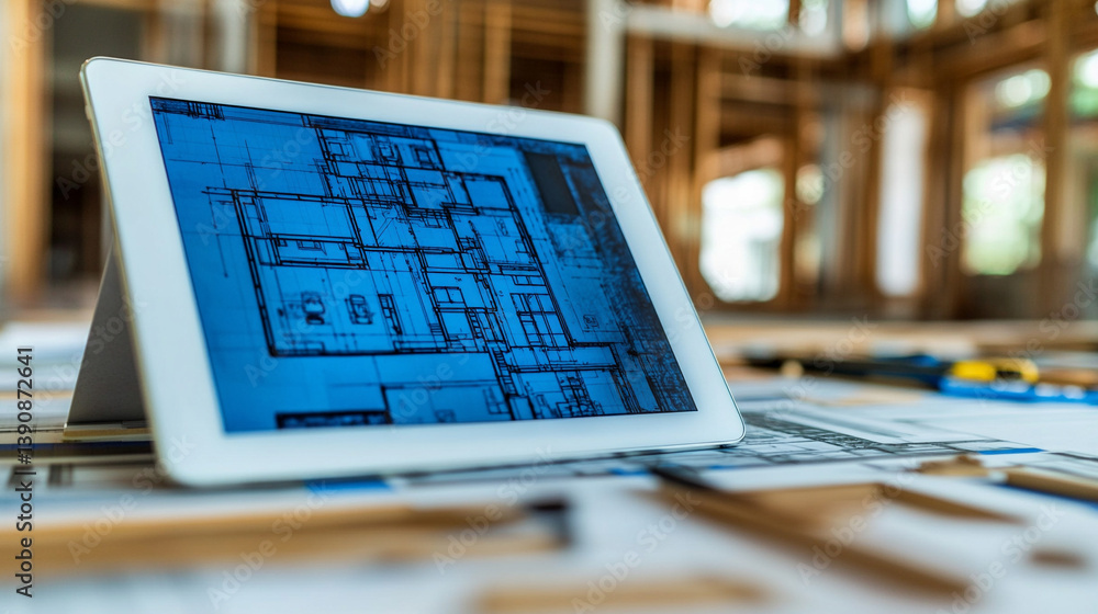 Poster closeup of a bim model displayed on a large touchscreen tablet, showcasing detailed modern architect