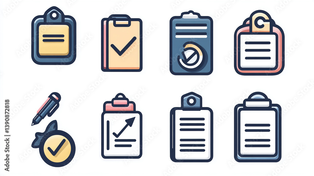 Poster clipboard checklist task management list icon set vector illustration for business and organization