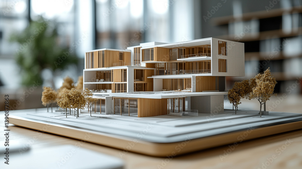 Poster closeup of a bim model displayed on a large touchscreen tablet, showcasing detailed modern architect