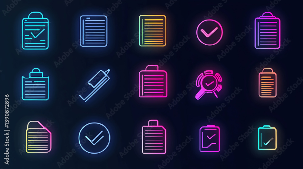 Poster neon document checklist icon set vector illustration for business and office task management design 