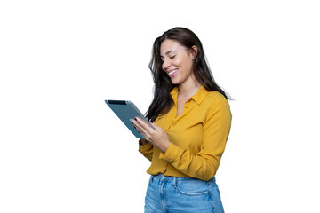 Smiling professional woman working on tablet with transparent backdrop