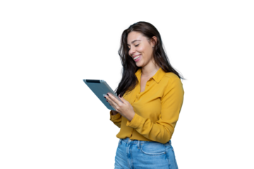 Smiling professional woman working on tablet with transparent backdrop