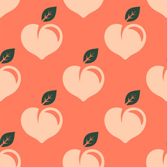 Seamless pattern with cute peaches on a pink background. Heart shaped peaches in flat cartoon style. Valentines Day vector pattern with peach hearts for a wrapping paper, textile prints.