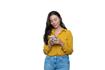 Smiling businesswoman using mobile phone isolated on transparent background
