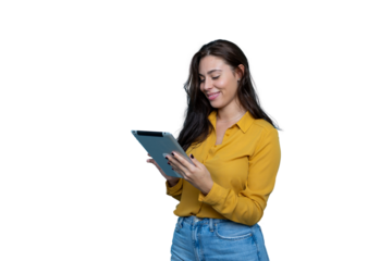 Young woman with long brown hair and yellow shirt using digital tablet with a transparent background