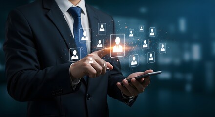 Digital Recruitment Revolution, Futuristic Networking Solutions, HR Technology Innovation, Online Profile Selection, Modern Business Connectivity.
