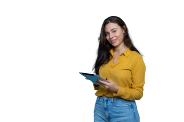 Businesswoman with long brown hair and yellow shirt holding tablet, smiling, on transparent background
